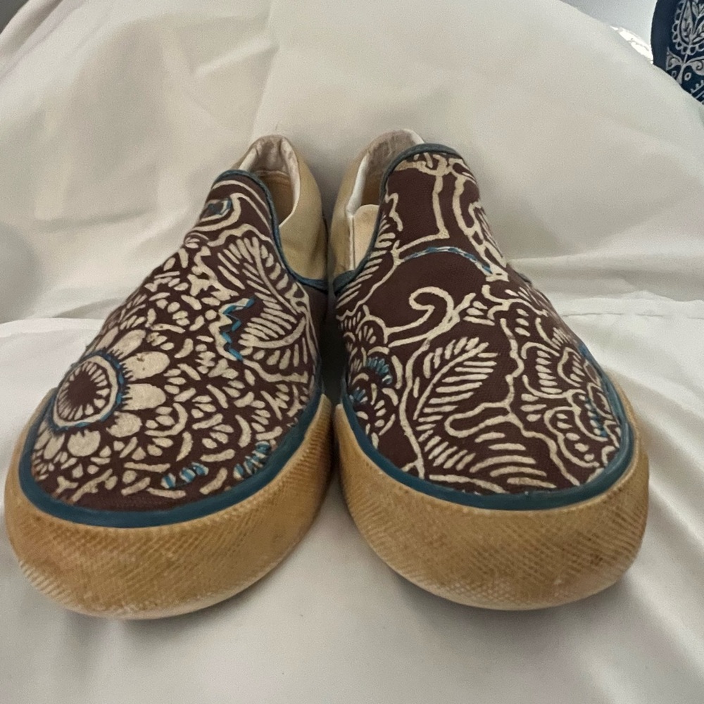 Free People slip-on sneakers brown, cream, and blue paisley